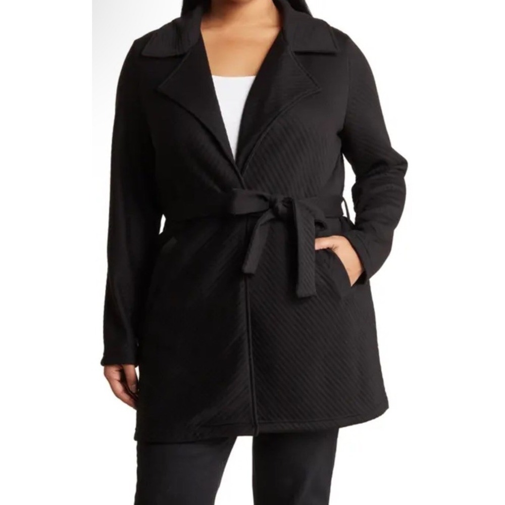 Steve Madden Women's Ottoman Knit Tie Waist Trench Notched Lapel Black Sz XL‎